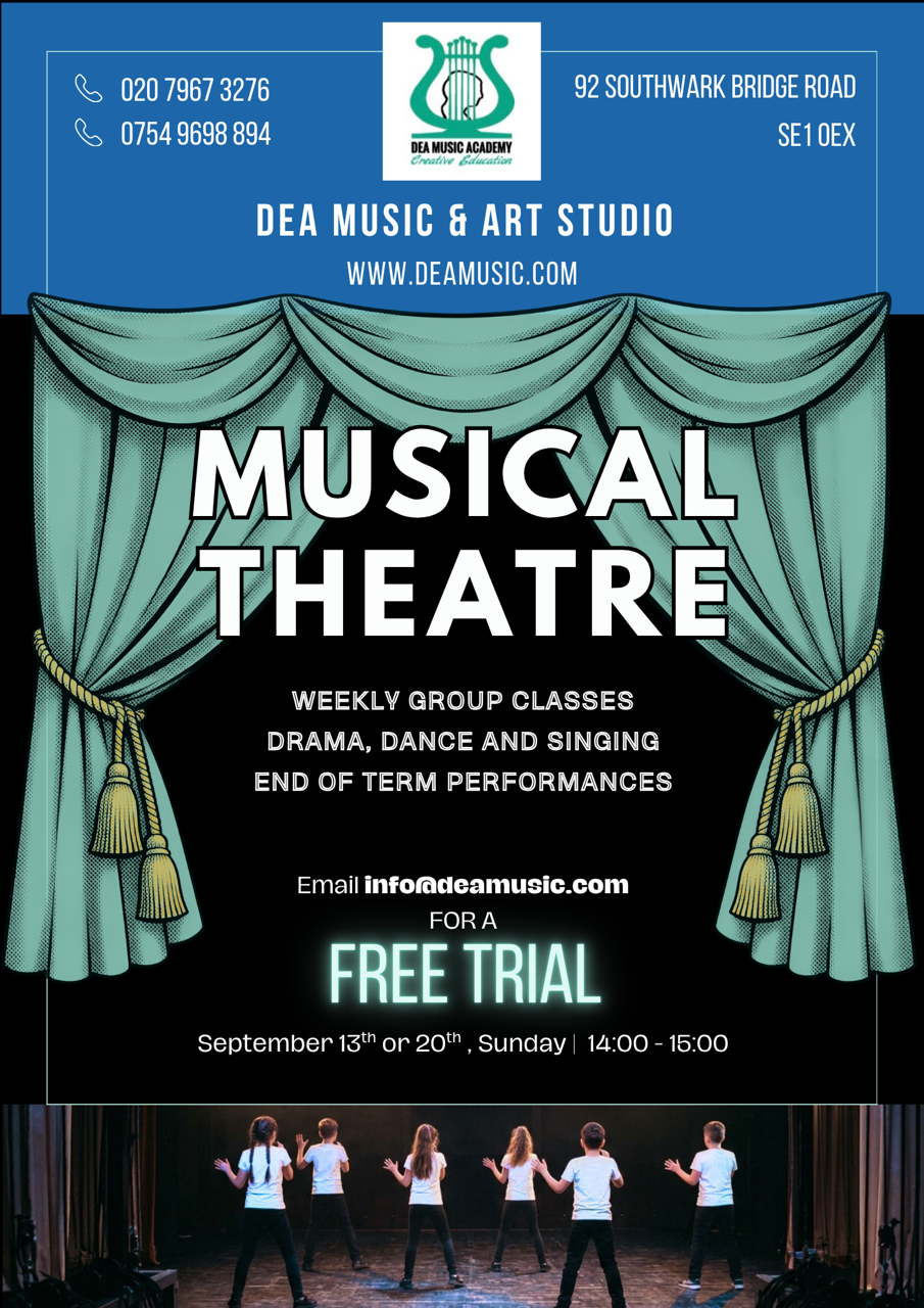 Musical theatre free trial flyer: Sundays 13 and 20 September, 14:00–15:00 at 92 Southwark Bridge Road. Register online before attending.